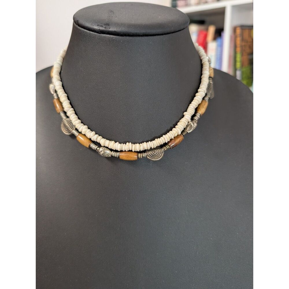 Vintage Layered Boho Heishe Shell & Artisan Tribal Bead Choker Necklace